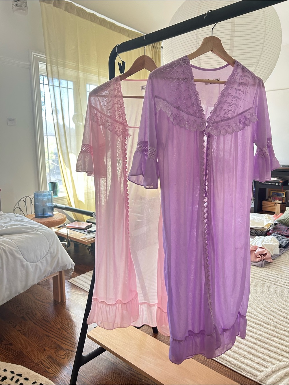 Vintage Lavender & Pink Sheer Lace-Trim robes (2x)